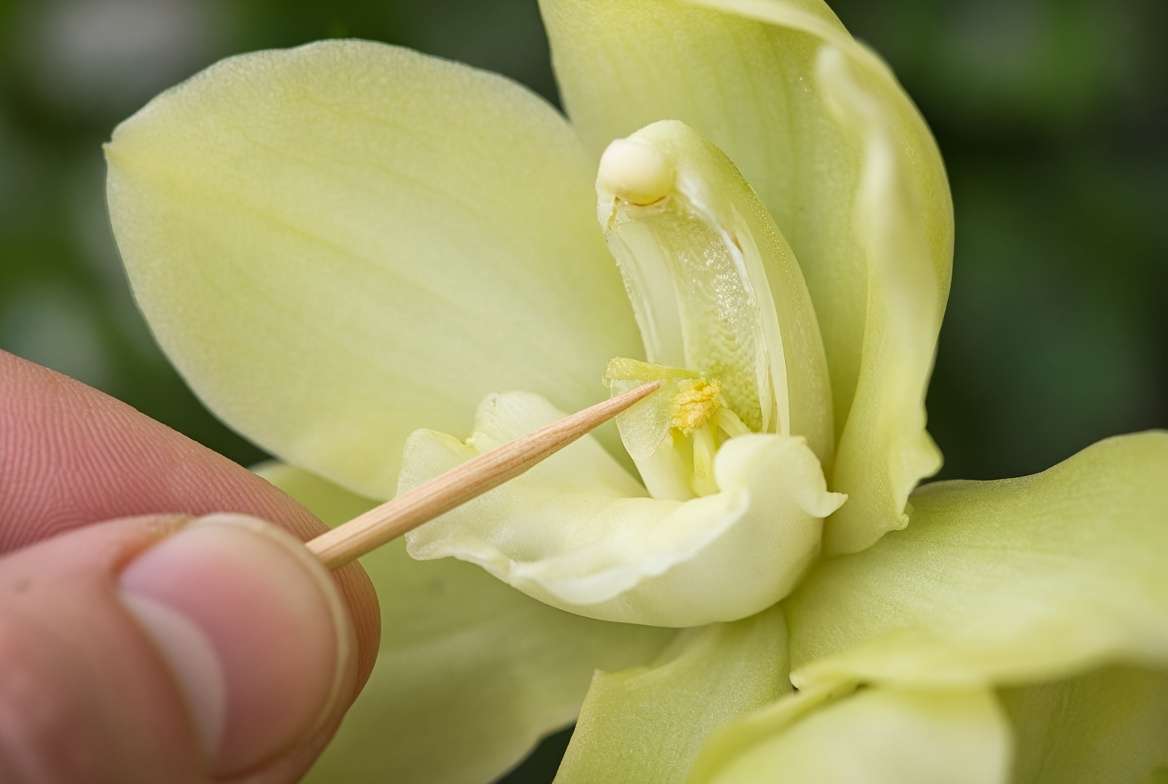Close-up of hand using a toothpick to hand-pollinate a vanilla orchid flower.