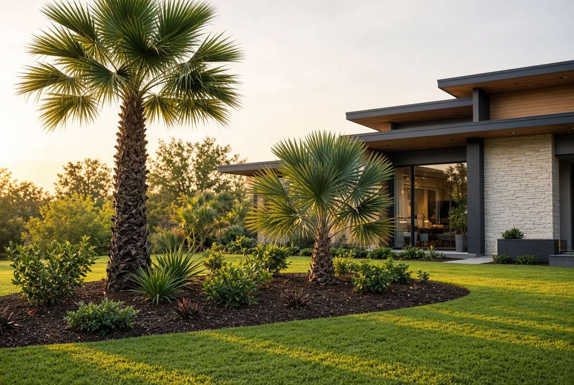 A beautifully landscaped residential front yard featuring a tall palmetto tree and a small tropical palm.