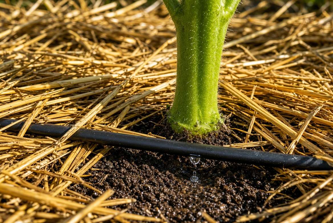 Drip irrigation line watering the roots of a San Marzano tomato plant covered with protective straw mulch.