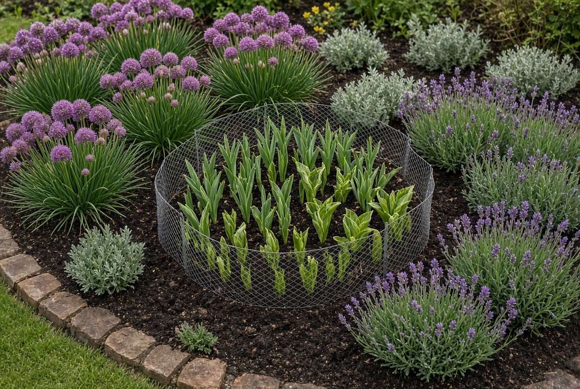 Aerial view of a protected spring garden, showing vulnerable hostas surrounded by both temporary cloches and permanent rabbit-resistant plants.
