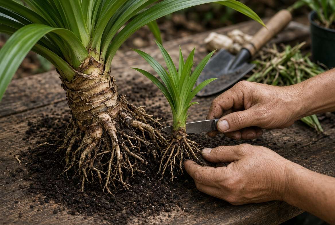 A gardener separating a small pandan pup (side shoot) with tiny roots from the base of a parent pandanus amaryllifolius plant.