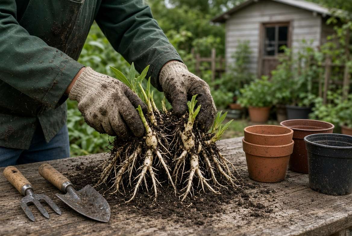 Safely dividing a mature Peruvian lily plant clump on a garden workbench.