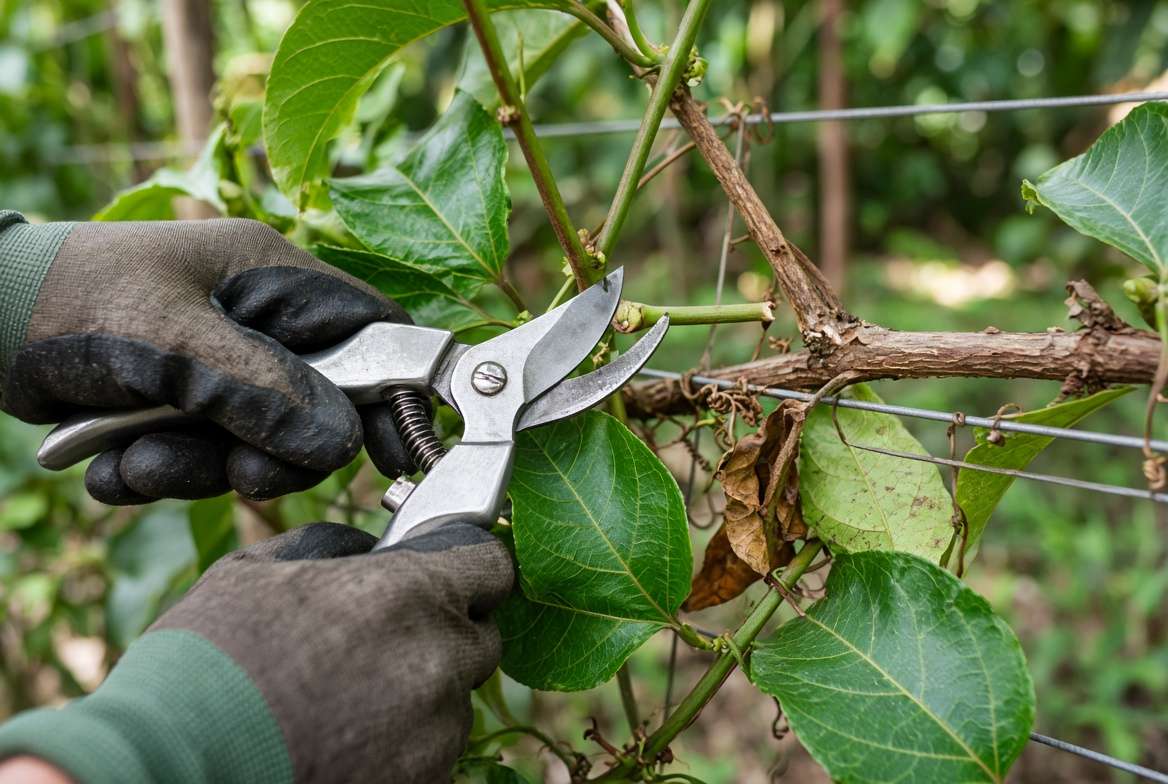 A gardener using hand shears to prune a passion fruit vine on a trellis to remove old overgrown branche