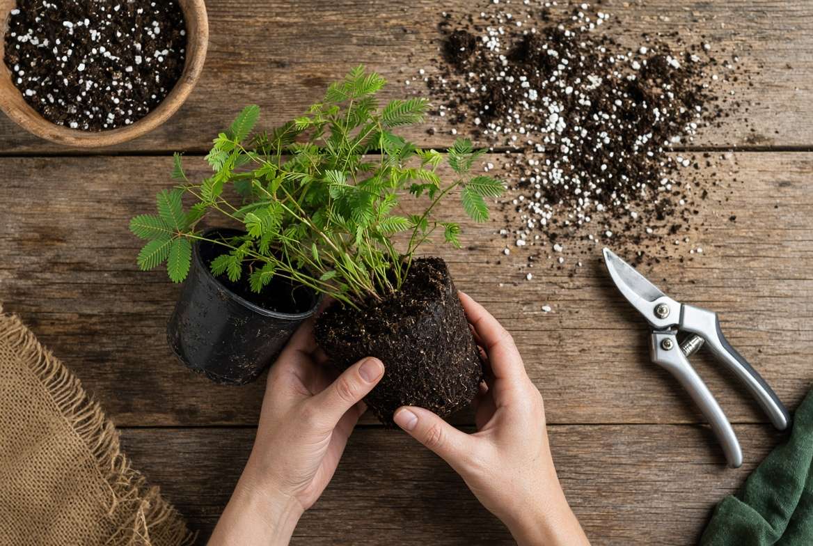 Carefully sliding a sensitive plant out of its nursery pot to repot it without disturbing the fragile root ball