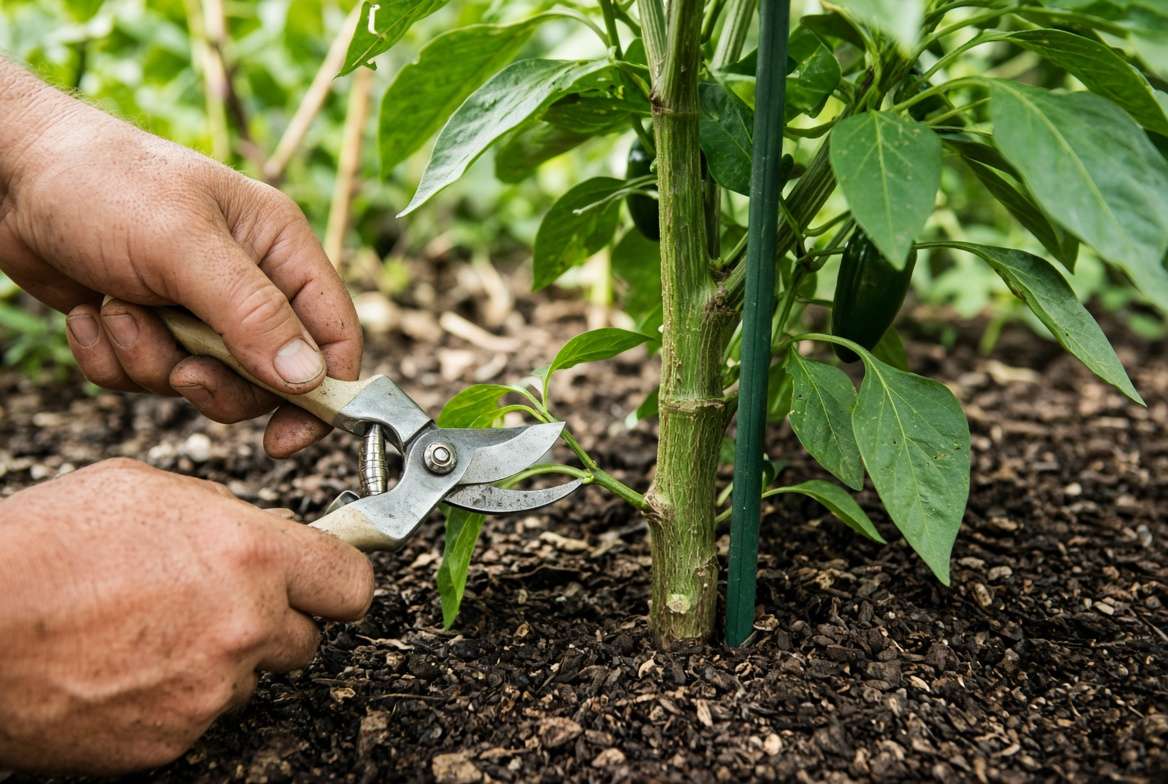 A close-up of a gardener pruning the lower leaves of a jalapeno pepper plant using sharp shears for airflow and disease prevention