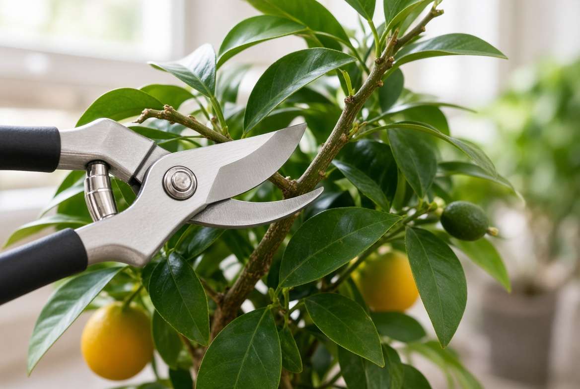 Gardening pruning shears carefully cutting a branch from a healthy indoor potted calamondin tree to improve airflow.