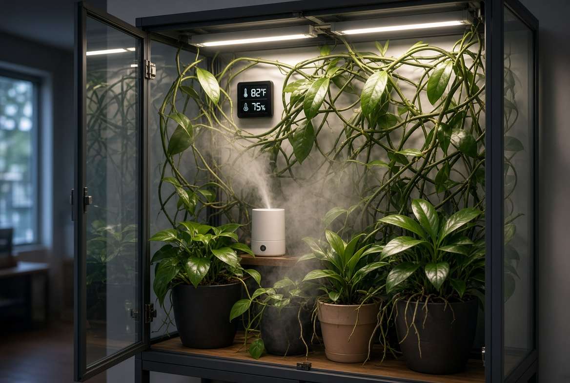 Interior view of a controlled greenhouse cabinet setup optimized for growing vanilla orchids indoors, showing grow lights and high humidity.