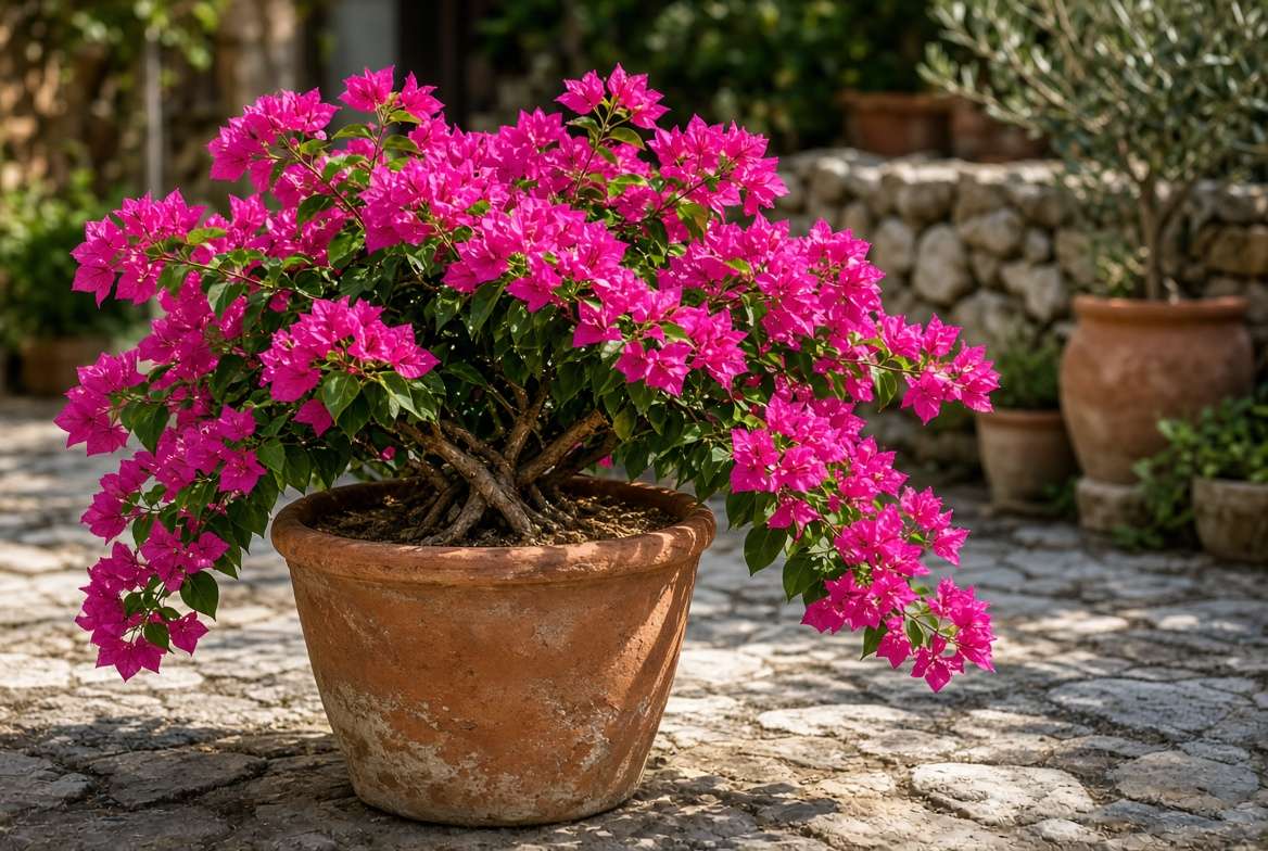A thriving, colorful bougainvillea plant in a snug terra-cotta pot on an outdoor patio.