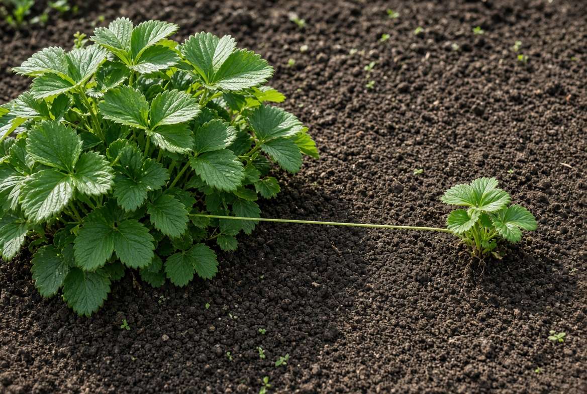 A mature strawberry mother plant sending out a runner to establish a new daughter plant in the soil.