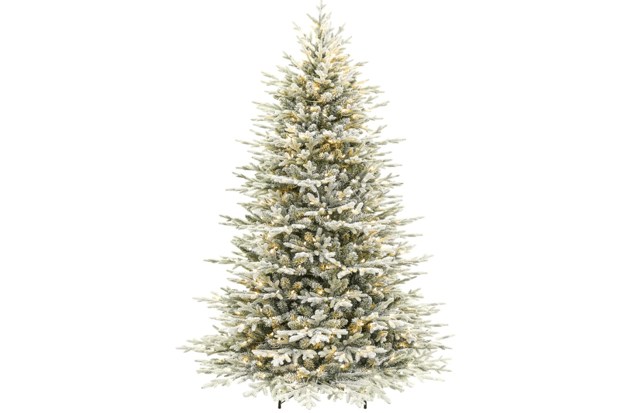 Hykolity 7.5 ft Prelit Flocked Christmas Tree with Realistic PE Foliage | 450 Warm White Led Lights, 3,325 Mixed Tips, Hinged Design and Sturdy Metal Stand