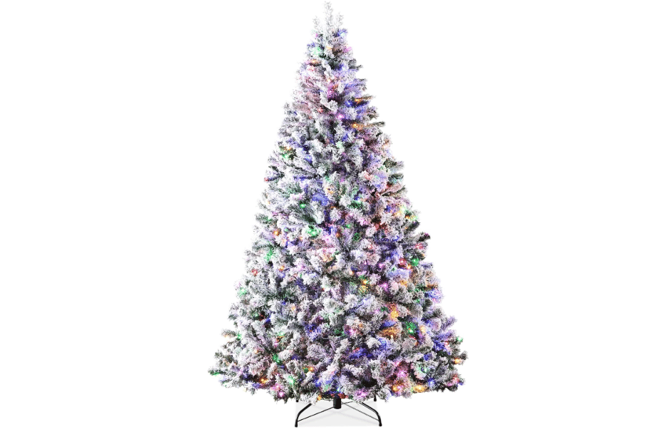 Best Choice Products Pre-Lit Artificial Christmas Tree 4.5ft Snow Flocked Pine Tree, 2-in-1 White and Multicolor LED Lights,