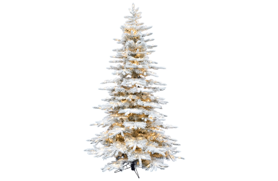 Fraser Hill Farm Pine Valley Flocked Christmas Tree, 6.5 Feet Tall, Snowy Xmas Tree with Easy to Connect, White Incandescent Smart Lights, Modern and