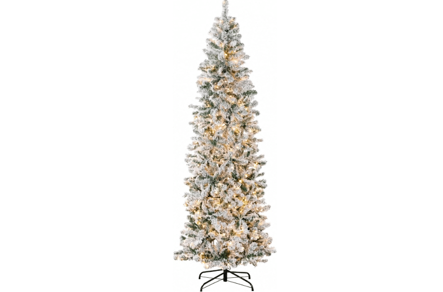 Best Choice Products 6ft Flocked Pencil Christmas Tree w/Twinkling LEDs, Pre-Lit Slim Artificial Holiday Decoration, Lighted Skinny w/Base, 250 Lights,