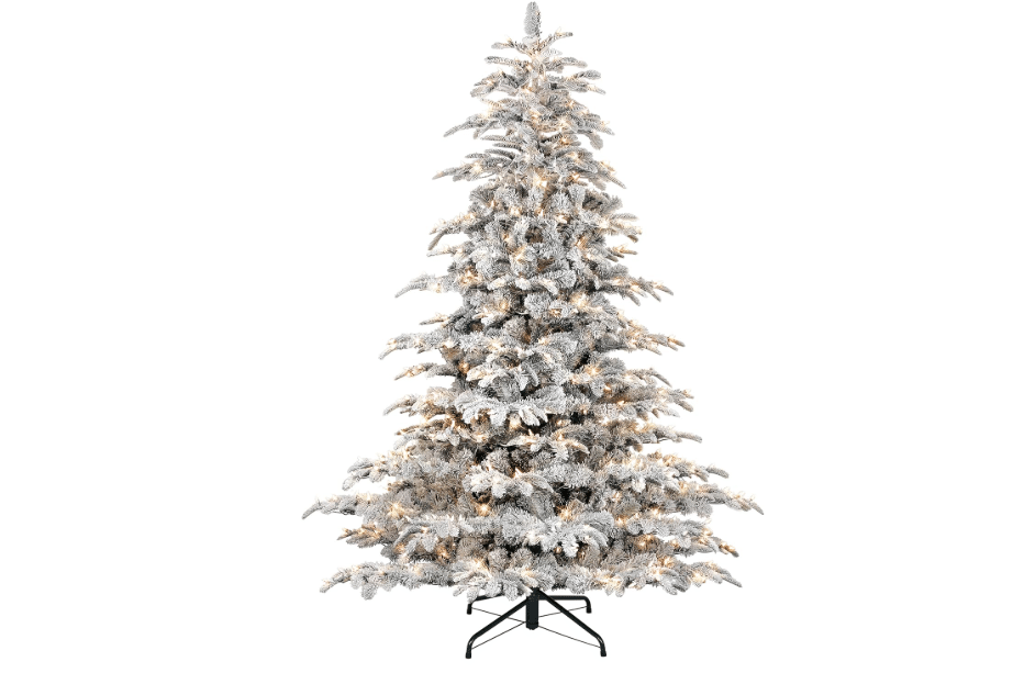 Puleo International 6.5ft Pre-Lit Flocked Aspen Fir Christmas Tree with 500 Clear Lights, 902 Realistic Dense Snow Flocked Branch Tips, Easy Setup
