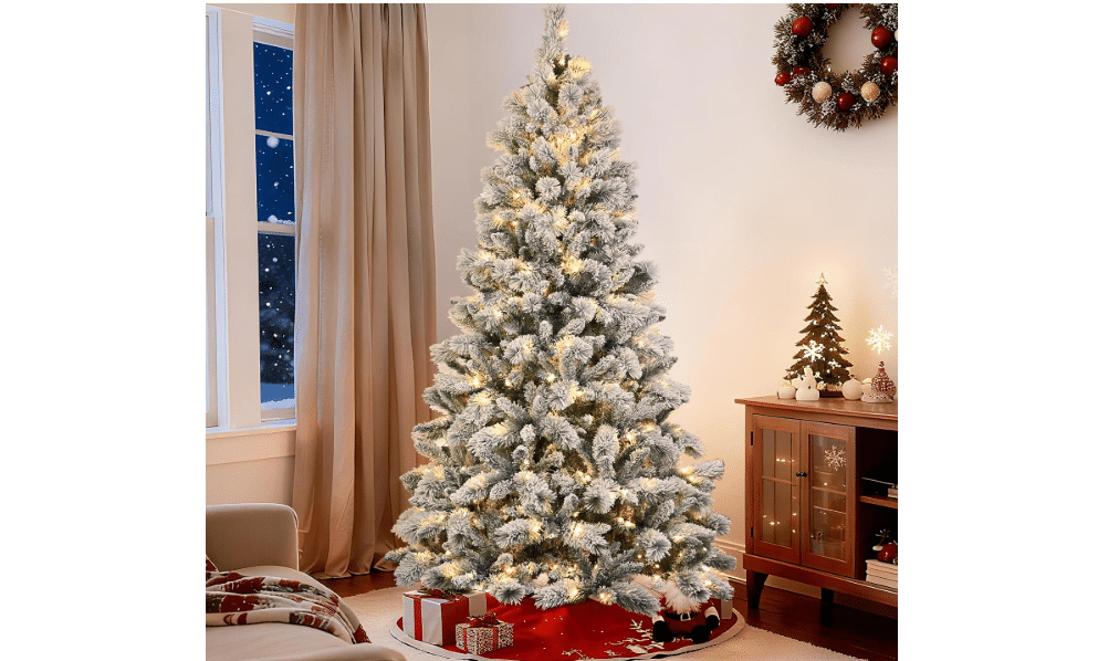6 Ft Pre-Lit Snow Flocked Artificial Christmas Tree with 350 Warm LED Lights, Premium Holiday Xmas Tree with 752 Realistic Branch Tips, Metal