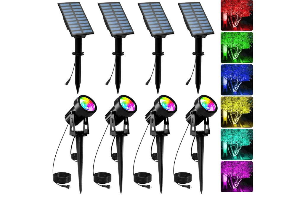 
T-SUNUS RGB Solar Landscape Spotlights IP65 Waterproof 4-Pack Outdoor | Color Changing Spot Lights, 9.8ft Cable, Separated Panel