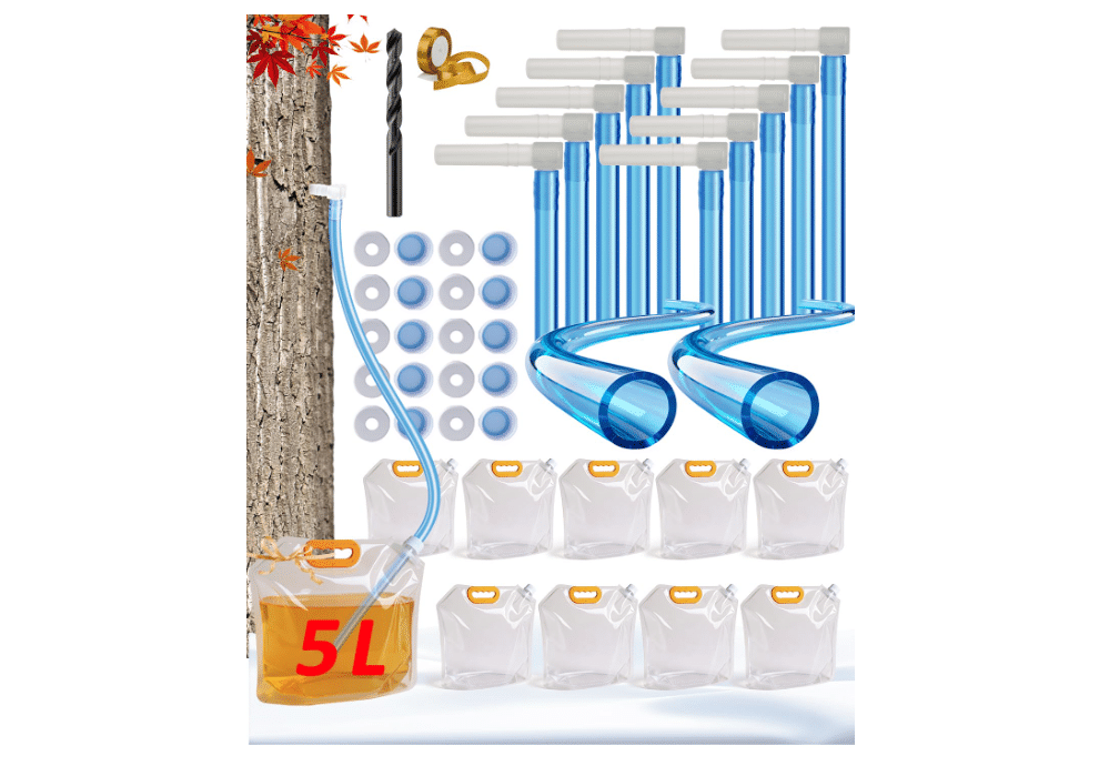 WANTELFOR Maple Syrup Tapping Kit - 10 Sets with Taps, 3ft Tubing, 5L Big Capacity Collection Bags and appropriate drill bit for DIY Birch Tree Sap