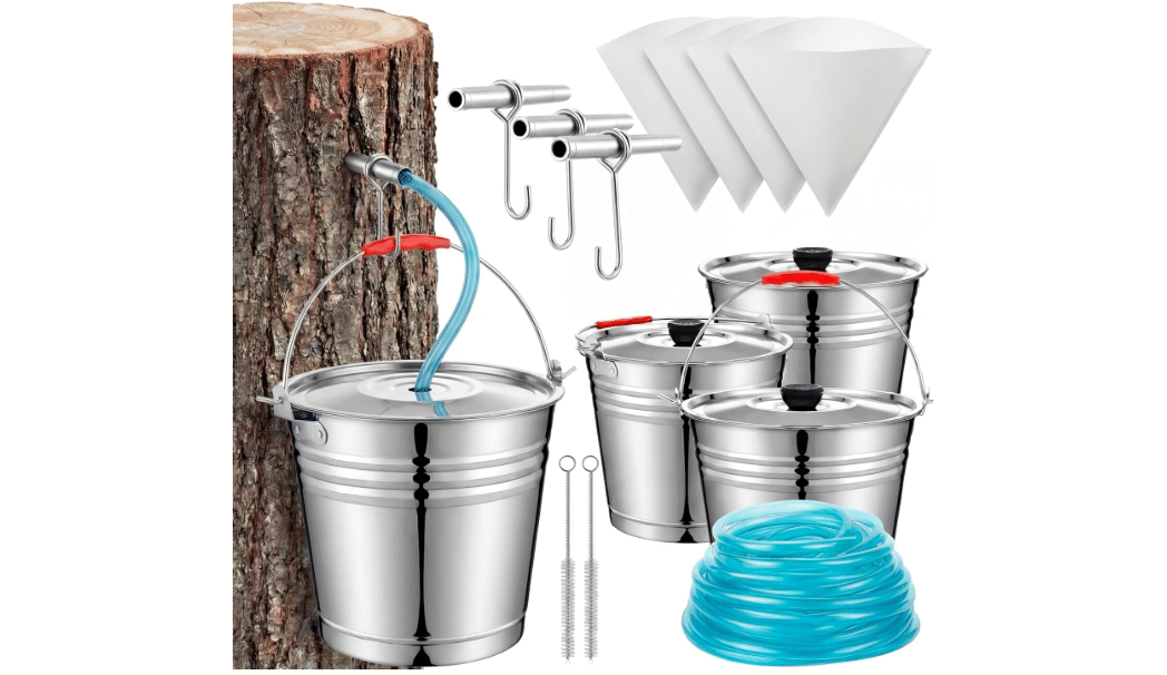 LOYIM 3 Pcs Maple Sugar Starter Kit Include 3 Metal Buckets with Lids, 32.8 feet Tapping Tubing Line, 3 Maple Syrup Taps, 3 Filters and 3 Cleaning