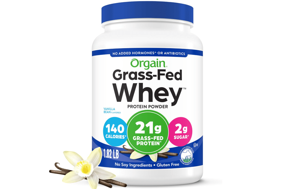 Orgain Whey Protein Powder, Vanilla Bean- 21g Grass Fed Dairy Protein, 5g BCAAs, 3g Prebiotic Fiber, No Sugar Added, No Added Hormones, Gluten