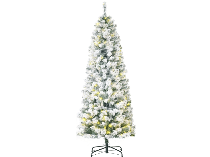 HOMCOM 6ft Prelit Snow-Flocked Artificial Christmas Tree Slim Green | Xmas Tree, 250 LED Lights,