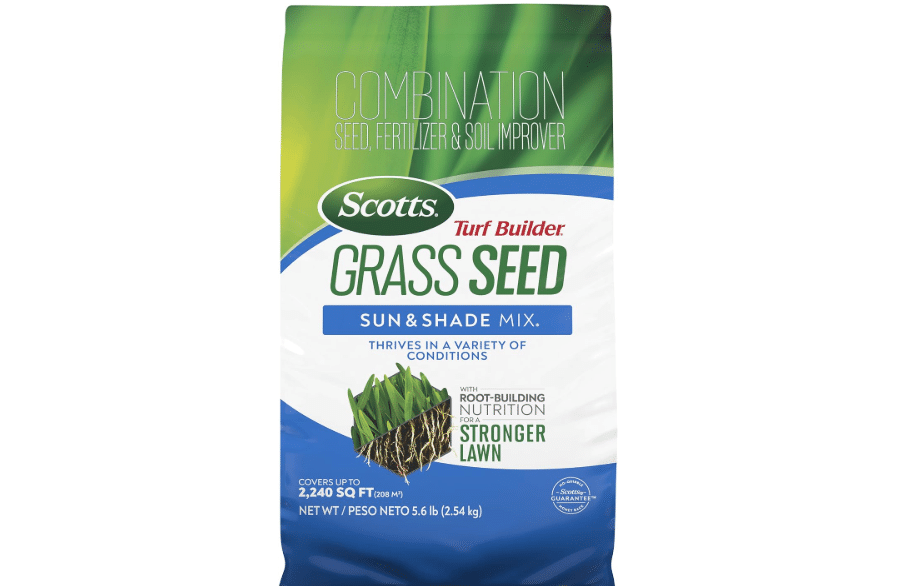 Scotts Turf Builder Grass Seed Sun & Shade Mix, 5.6 lbs. | Grass Seed Plus Lawn Fertilizer and Soil Improver, Thrives
