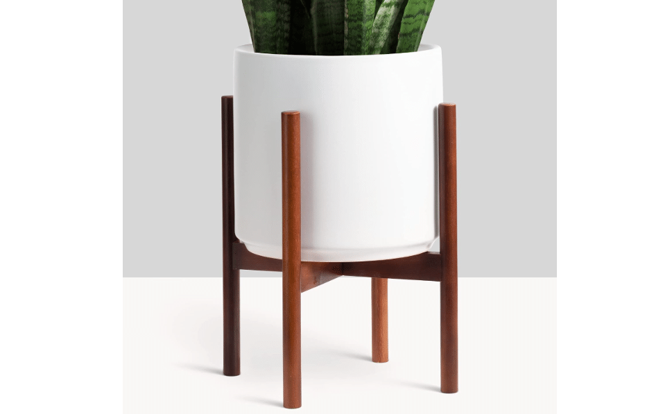 
PEACH & PEBBLE 10" White Classic Planter and Plant Stand. Ceramic Plant Pot and Wood Plant