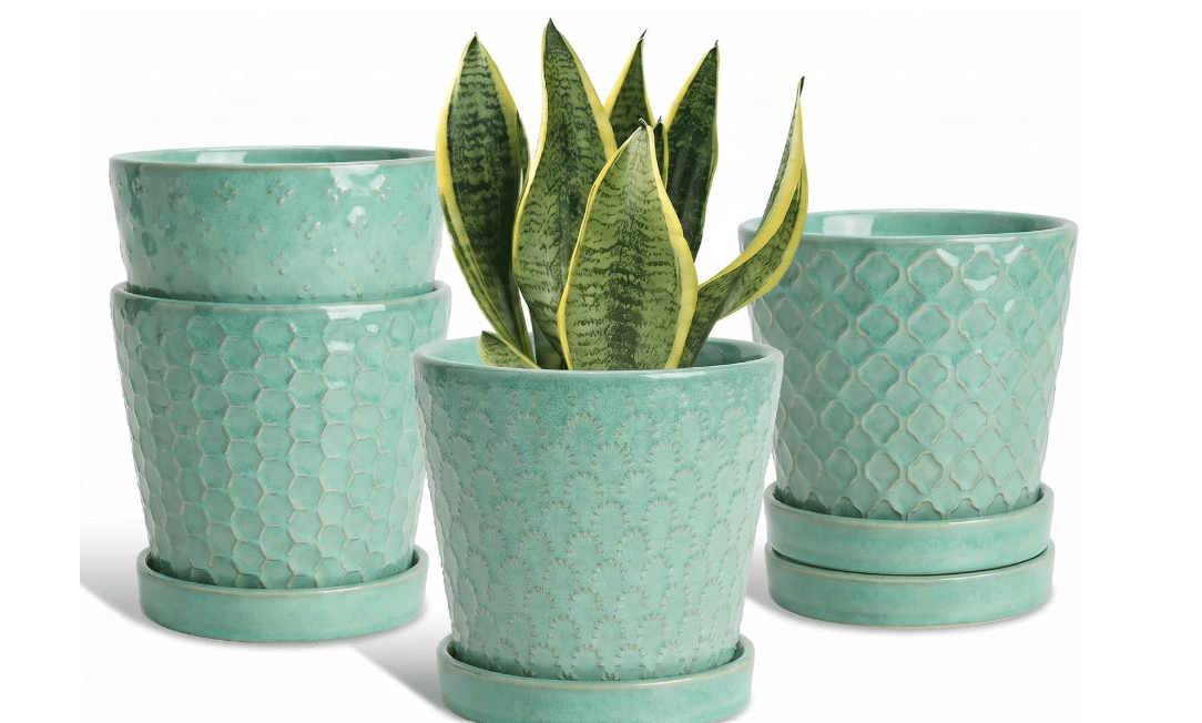 
EFISPSS Ceramic Plant Pots, 5 Inch Planters with Drainage Holes and Ceramic Tray, Relief Design Flower Planter, Desktop Office Windowsill Decoration