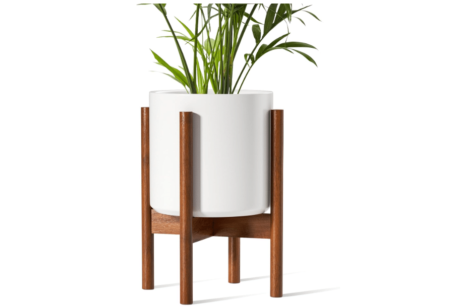 
LE TAUCI Planter with Acacia Wood Stand, 10 Inch, White | Ceramic Planter for Indoor Plants with Plant Holder, Mid-Century Modern Home Decor, Round Flower.