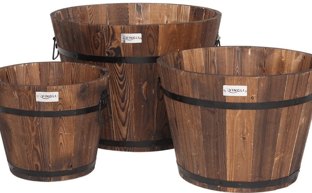  VINGLI 3 PCS Large Wooden Planter Barrel Set, 11.5"(Dia)- 18"(Dia) Real Wood Indoor/Outdoor Flower Pot w/Drainage Holes