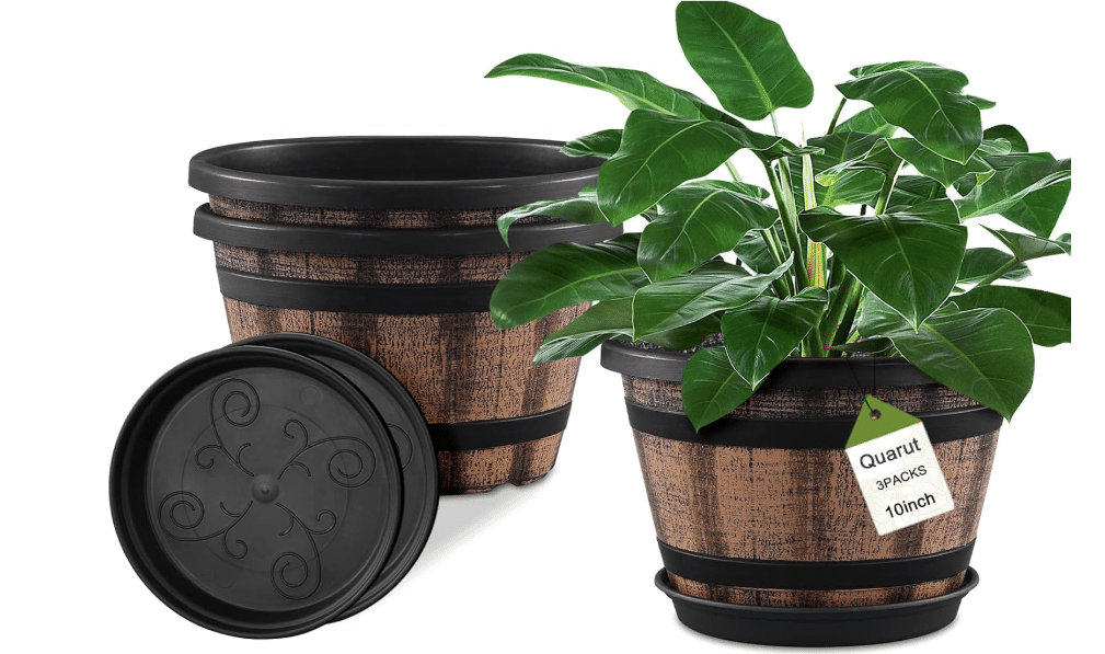  Quarut 3 Pack 10 inch Plant Pots with Drainage Holes & Saucer | Whiskey Barrel Planters,Plastic Decor Flower Pots Imitation