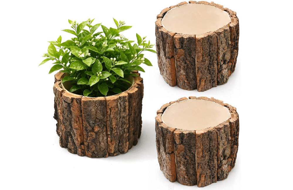  DUZFOREI 3 Pcs Rustic Bark Planter Set, Wooden Stump Pots for Home Decor | Rustic Bark, Wooden Stump, 3 Pcs Set, 4.7" Dia, Natural Texture, No Direct