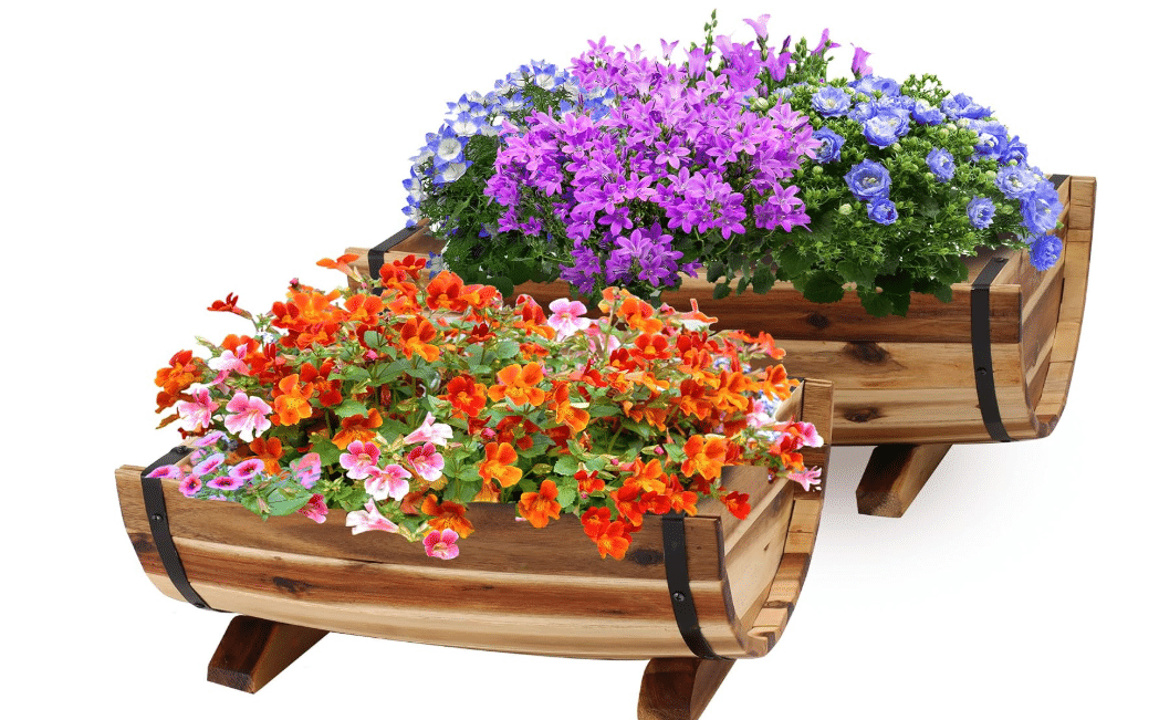  Solid Acacia Wood Half Barrel Planters Outdoor Set of 2 Different Sizes, Wooden Planters for Outdoor Plants with Metal Bands & Drainage Holes, Legs