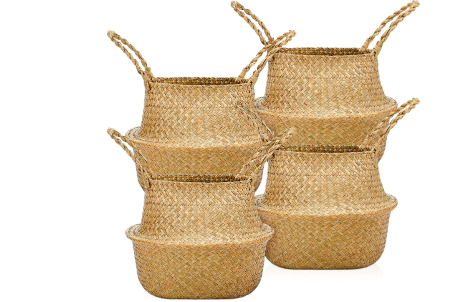 Qunclay 4 Pcs Woven Seagrass Baskets Belly Basket, L,13''dx11''h | Folding Boho Natural Plant Pot with Handles, Wicker Large Planter, Round