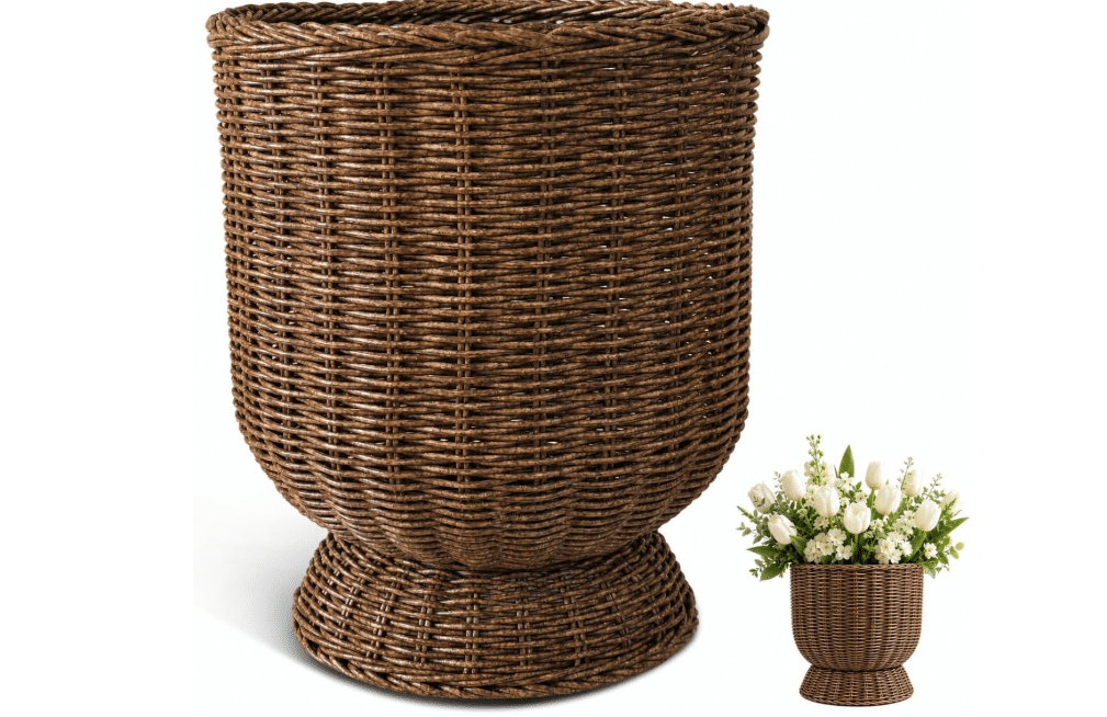  Handwoven Boho Wicker Planter Basket, 12" Rattan Pot Indoor Outdoor | PE Rattan, Handwoven Look, 10.25 Inch Diameter, Fits 8 to 10 Inch Pots, For Indoor
