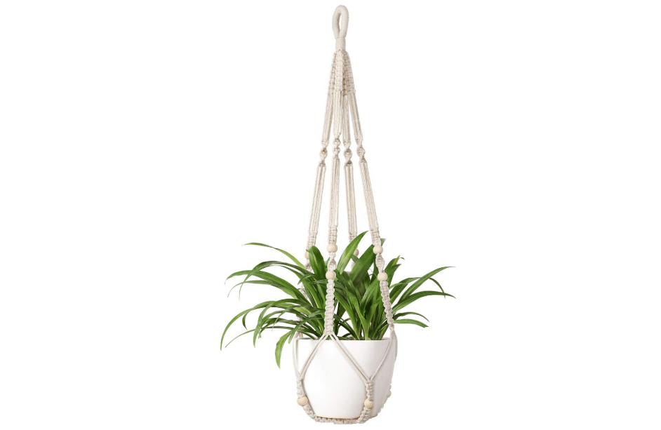 Mkono Macrame Plant Hanger Indoor 35 Inch Hanging Planter Basket Ivory 1Pc | Hanging Plant Holder with Decorative Wood Beads, No Tassels, Boho