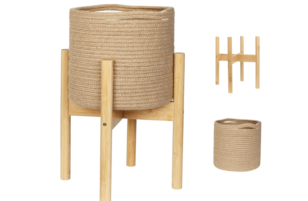  WILLITAT Plant Basket with Stand, Indoor Round Wicker Basket Plant with Bamboo Wood Stand, Decorative Woven Rope Flower Indoor Planter with Legs