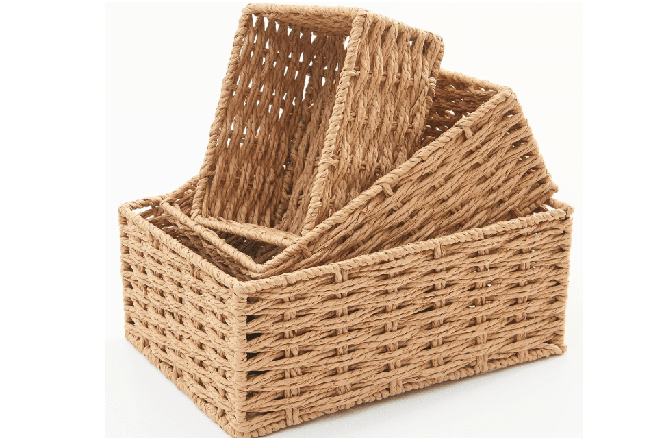  Small Wicker Basket for Organizing, Woven Storage Basket Sets of 3 | Handwoven Natural Paper Rope Baskets to Declutter Any Room, Perfect for Organizing