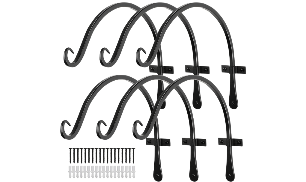Worth Garden 6-Pack 14" Plant Hanger Bracket - Hand-Forged Wrought Iron Powder-Coated Heavy Duty Wall Hooks - Black Curved Plant Hanging