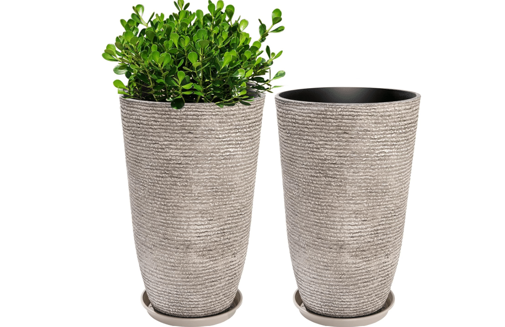 QCQHDU Set of 2 Oversized 9 Gallon Round Planters for Front Door & Patio - 12x21 Inch Tall Outdoor/Indoor Plant Pots with Drainage Tray, Gray Faux Stone