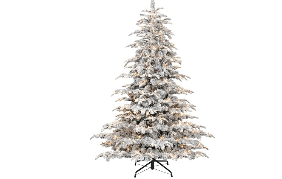 Puleo International 6.5ft Pre-Lit Flocked Aspen Fir Christmas Tree with 500 Clear Lights, 902 Realistic Dense Snow Flocked Branch Tips, Easy Setup