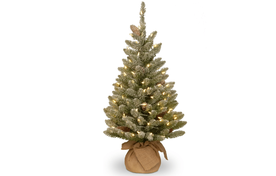National Tree Company 3ft Pre-Lit Mini Flocked Artificial Christmas Tree | 50 Warm White LED Lights, 130 Tips, Pinecones, Timer, Burlap Base, Green