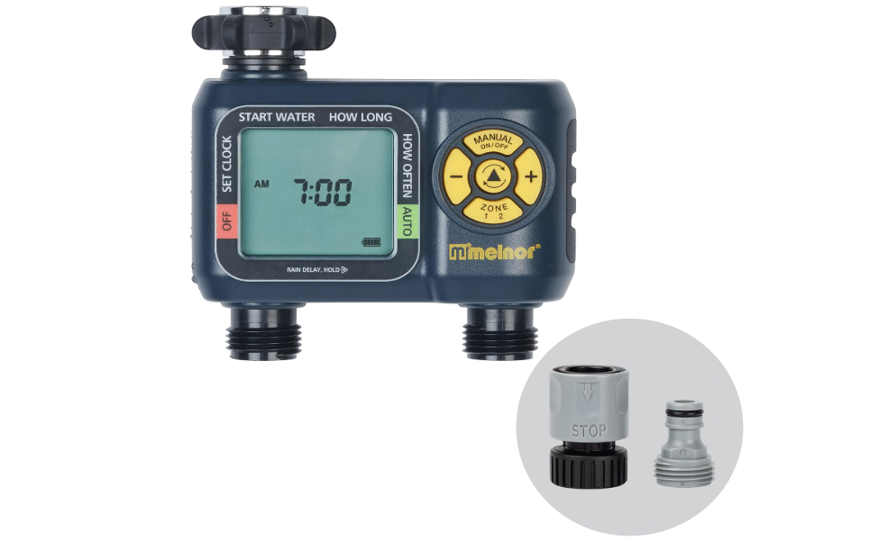 Melnor 65139AMZ AquaTimer Digital Hose Timer, 2-Zone Programmable Watering Timer, Quick Connect Bundle, Black