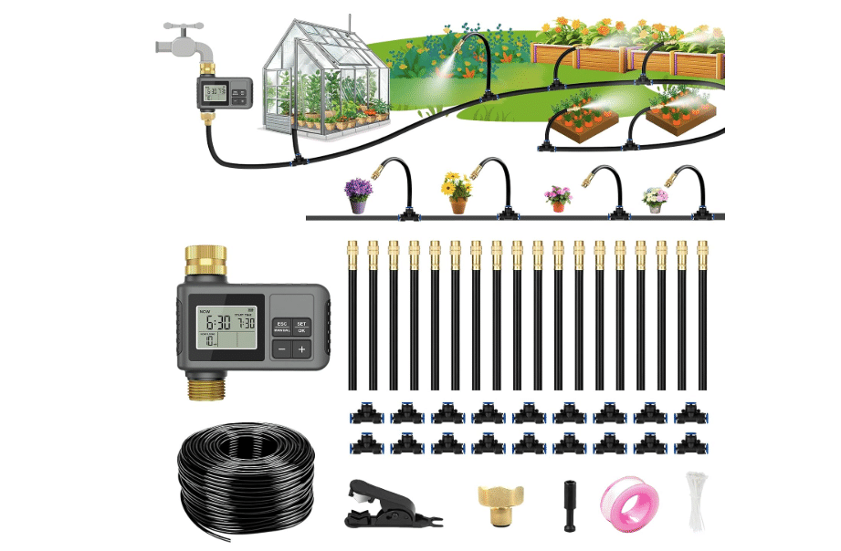 HEKIWAY 60FT Drip Irrigation System with Smart Water Timer | Brass Connectors, 360° Adjustable Nozzles and Bendable Tubing for Garden, Greenhouse