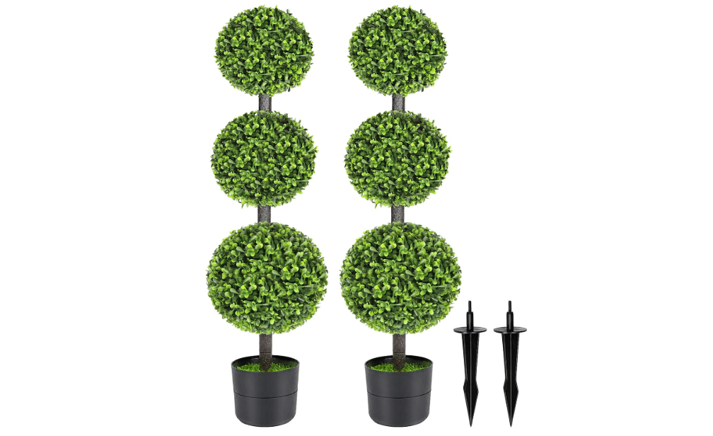
2 Pack 3FT Realistic Artificial Boxwood Triple Ball Topiary Tree with Pot/Ground Stake, UV-Resistant Faux Topiary Plant, Indoor Outdoor Realistic Faux