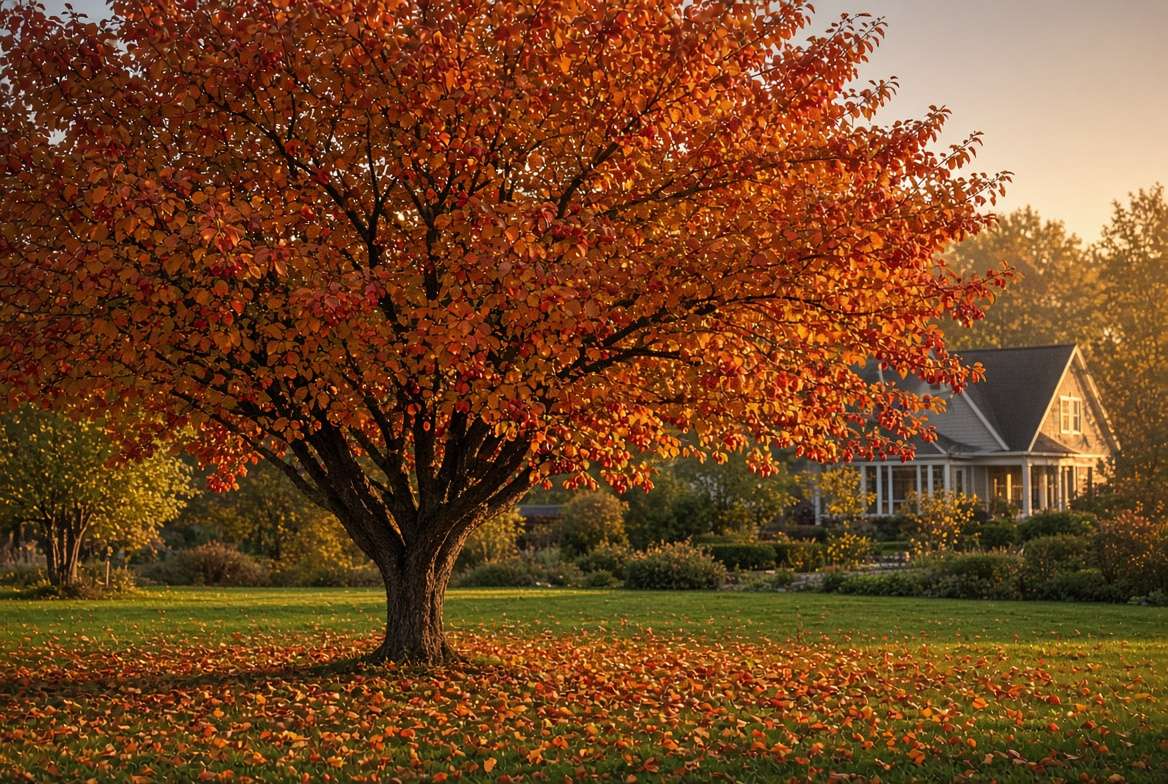 Royal Raindrops Crabapple tree displaying vibrant bronze and red autumn foliage in a residential yard.