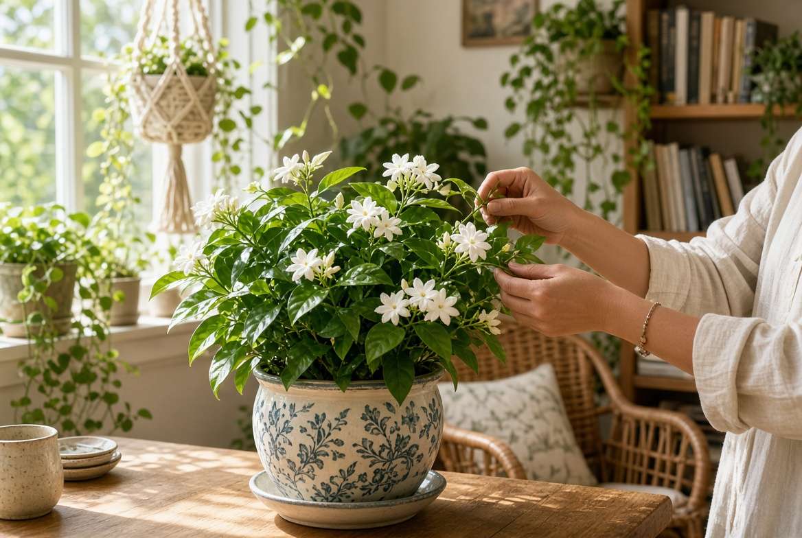 A person caring for a thriving indoor Arabian jasmine plant on a sunny table, showcasing the best jasmine variety for indoor spaces.