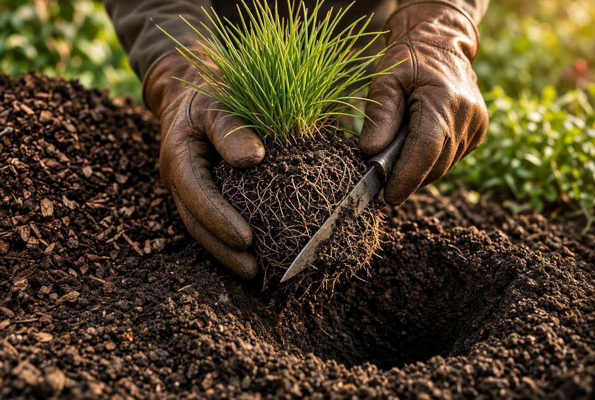Gardener scoring the root ball of a potted ornamental grass plant before planting in the garden bed