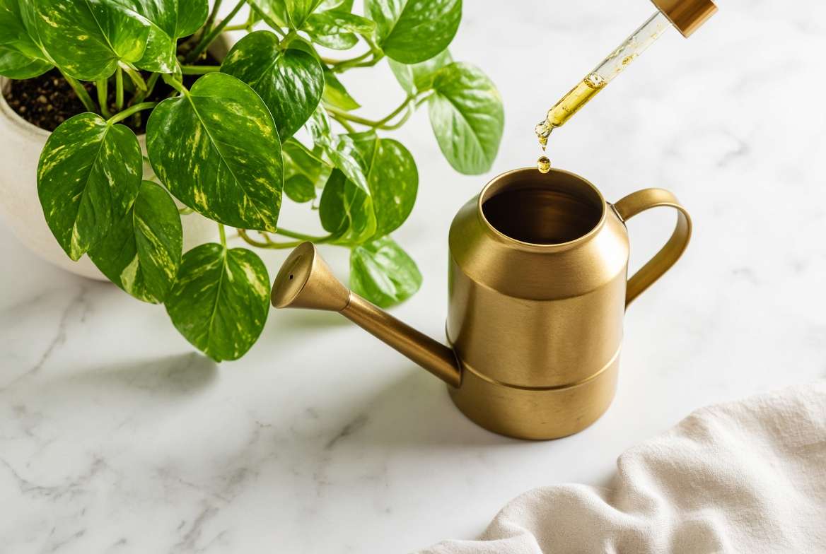 Diluting liquid houseplant fertilizer in a brass watering can for a pothos plant.