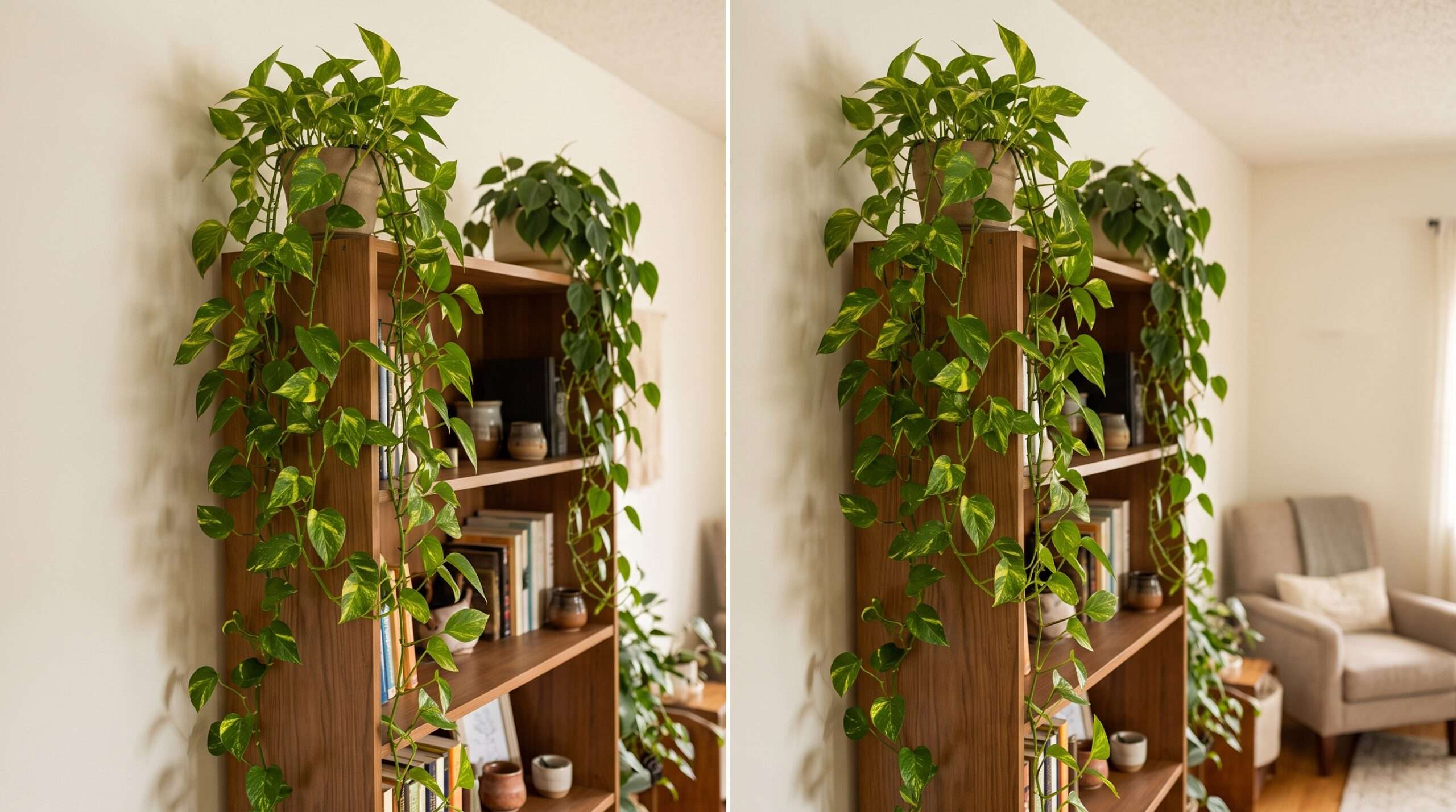 Lush trailing Pothos and Philodendron plants cascading down a sharp corner of a bookshelf to soften energy in a home