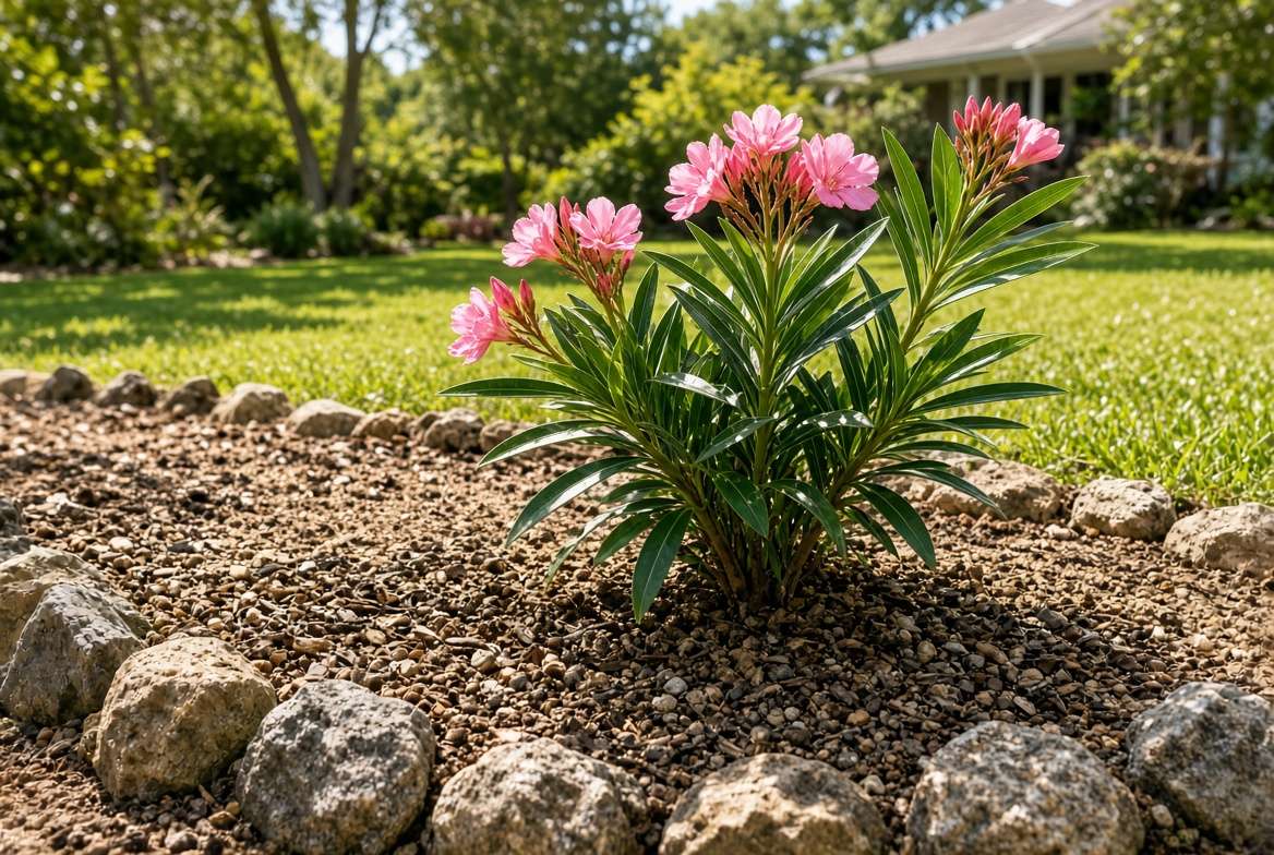 A young oleander plant planted in a well-draining, mulched garden bed under bright, direct sunlight, showing optimal soil conditions